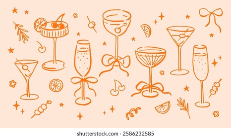 Set of champagne and martini glasses with bows. Hand drawn ink vector illustration. Elements for poster, social media, banners, invitation. Trendy coquette core template. 