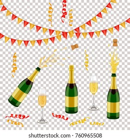 Set of champagne, sparkling wine bottle, open and closed, glass, flags and spiral confetti, realistic vector illustration isolated. Champagne bottle, glass, party decorations