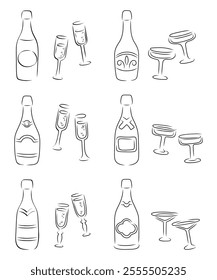 Set of champagne and wine bottle and pairs glass of different shapes outline silhouette