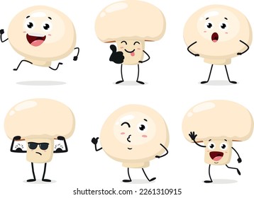Set of Champignon Mushroom cartoon. Isolated on white background