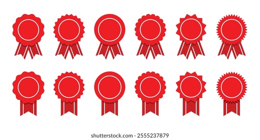 Set of champion award medals with ribbons. Set premium quality badges with ribbons. Approved stamp or medal.