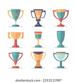 Set of champion cups in a flat design, success and achievement. Victory, present for first place