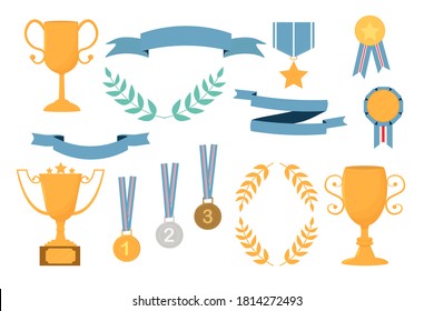 Set of champion trophy golden cups, medals, banner ribbons, honor decorations and elements isolated on white background.