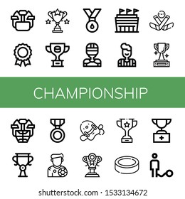 Set of championship icons. Such as Hockey helmet, Medal, Trophy, Hockey player, Stadium, Referee, Ice hockey, Footballer, Pool kickboard, Puck, Ball , championship icons