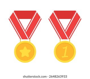Set of championship medal vector illustration. Bronze medals and cups for winners. Award to celebrate victory or success. Cartoon flat vector collection isolated on white background