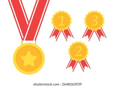 Set of championship medal vector illustration. Bronze medals and cups for winners. Award to celebrate victory or success. Cartoon flat vector collection isolated on white background
