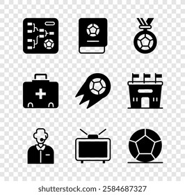 Set Championship tournament bracket, Football learning book, or soccer medal, commentator, match TV, Soccer football, First aid kit and  icon. Vector