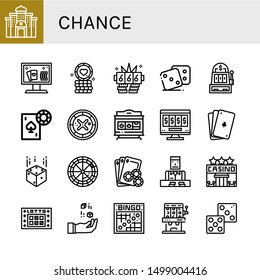 Set of chance icons such as Casino, Online casino, Poker chip, Jackpot, Dice, Slot machine, Gambling, Roulette, Online gambling, Poker, Croupier, Lotto, Bingo , chance