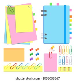 A set of chancery. Closed notebook on a spiral, sticky sheets of different shapes and colors, bookmarks, pins, clips, staples. Vector illustration isolated on white background.