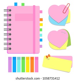 A set of chancery. Closed notebook on a spiral, sticky sheets of different shapes, tabs. Vector illustration isolated on white background.