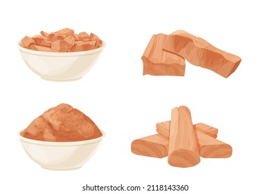 Set Chandan or sandalwood pieces, dried powder in bowl aromatherapy ingredient detailed in cartoon style isolated on white background. Cut part, close up, medical plant.