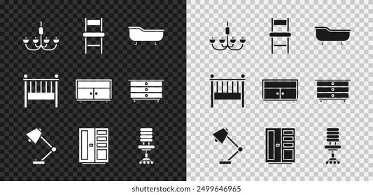 Set Kronleuchter, Stuhl, Badewanne, Tischlampe, Schrank, Bürostuhl, Babybett Wiege Bett und Kommode Symbol. Vektorgrafik