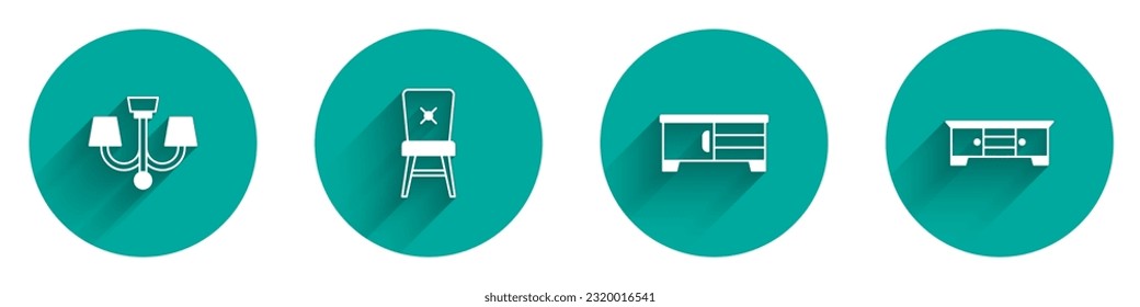 Set Chandelier, Chair, TV table stand and  icon with long shadow. Vector