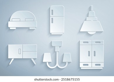 Set Kronleuchter, Kommode, Kleiderschrank, Kühlschrank und Großes Bett Symbol. Vektorgrafik