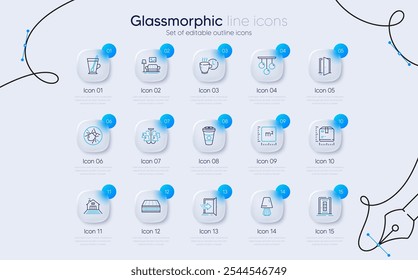 Set of Chandelier, Entrance and Coffee break line icons for web app. Mattress, Door, Package size icons. Square meter, Open door, Table lamp signs. Tea mug, Furniture, Bed bugs. Vector