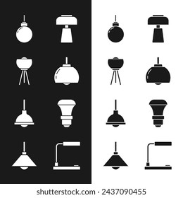 Set Kronleuchter, Stehlampe, Lampe hängt, Tisch, LED-Glühbirne und Symbol. Vektor