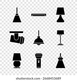 Conjunto de lámpara, lámpara fluorescente, mesa, linterna, lámpara colgante, lámparas de pista led e icono. Vector