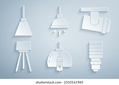 Ajuste lámparas de araña, luces de pista de led, suelo, bombilla LED e icono. Vector