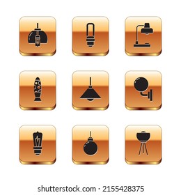 Set Chandelier, Light bulb, Lamp hanging, Floor lamp, Table,  and LED light icon. Vector