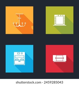 Set Chandelier, Makeup mirror with lights, Kitchen dishwasher machine and TV table stand icon. Vector