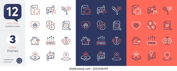 Juego de iconos de la línea de candelabro, mapa y pinza. Incluye cuidado de mascotas, cambio de divisas, iconos de estrategia. Indicador de destino, gráfico analítico, Estrés crea elementos web. Pipeta química. Vector