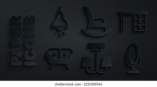 Set Chandelier, Office desk, Sofa, Mirror, Rocking chair and Lamp hanging icon. Vector