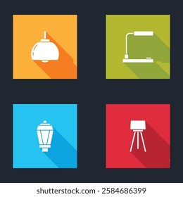 Set Chandelier, Table lamp, Garden light and Floor icon. Vector