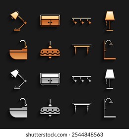 Set Chandelier, Table lamp, Shower, Wooden table, Washbasin with water tap, Led track lights lamps,  and Chest of drawers icon. Vector