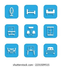 Set Chandelier, TV table stand, Big bed, Wardrobe, Table with chair, Dressing, Sofa and Mirror icon. Vector