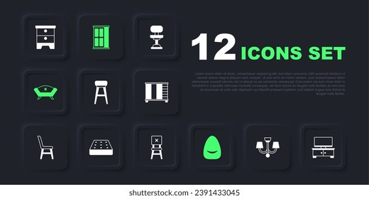 Set Chandelier, TV table stand, Chair, Pouf, Sofa, Mattress, Wardrobe and  icon. Vector