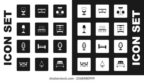 Set Chandelier, TV table stand, Floor lamp, Armchair, Furniture nightstand,  and Mirror icon. Vector