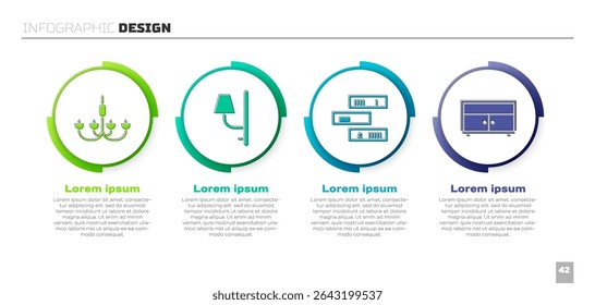 Set Kronleuchter, Wandleuchte, Regal mit Büchern und Kommode. Vorlage für Geschäftsinformationen. Vektorgrafik