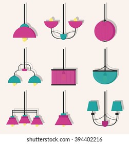 Set of chandeliers and lamps in contrasting colors in vector  Design element eps10