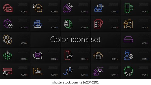 Set of Change card, Freezing timer and Currency exchange line icons. Include Get box, Web photo, Text message icons. Cloud server, Refrigerator timer, Messenger web elements. Vector