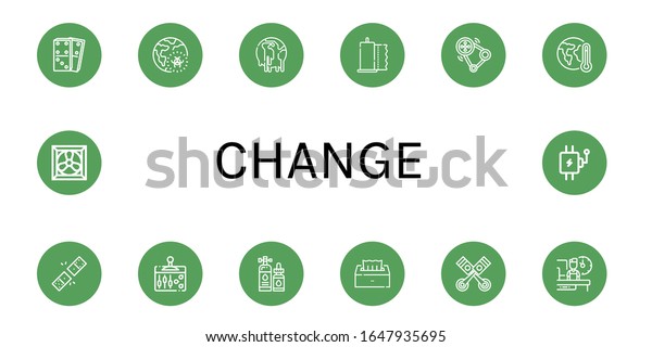 Set of change icons.\
Such as Dominoes, Global warming, Climate change, Paper towel,\
Transmission, Lever, Lubricant, Tissue, Pistons, Shift, Cooling\
system , change icons
