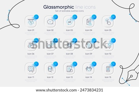 Set of Change money, Clock and Mail line icons for web app. Ceiling lamp, Bitcoin, Update data icons. 5g internet, Smartphone holding, Approved signs. Checkbox, Atom, Ranking stars. Vector