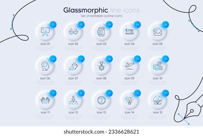 Set of Change money, Winner reward and Flight mode line icons for web app. Incubator, Headhunter, Safe time icons. Bankrupt, Receive mail, Mental conundrum signs. Online accounting. Vector