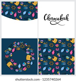 Set of Chanukah Design Elements in doodle style. Traditional attributes of the menorah, dreidel, oil, Torah, donut. Round frame, seamless pattern, hand lettering