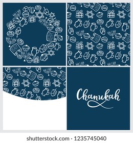 Set of Chanukah Traditional attributes of the menorah, dreidel, oil, Torah, donut . Round frame, seamless pattern in doodle style, hand lettering