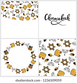 Set of Chanukah Traditional attributes of the menorah, dreidel, Torah, in doodle style. Round frame, seamless pattern, hand lettering