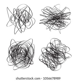 Set of chaos elements. Doodles for design. Line art. Abstract tangled texture. Random chaotic lines. Hand drawn dinamic scrawls. Background with lines. Art creation. Black and white illustration