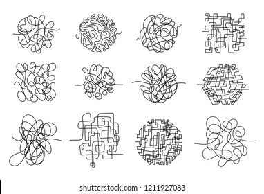 Set of chaos lines. Hand drawing tangled clew. Insane scribble lines or confused brain doodle scribbles symbols. Vector illustration. Isolated on white background.