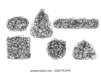 Set of chaos patterns Chaotic tangled stripes. Intricate textures. lines and waves. Art creation. dinamic scrawls scribbles. Hand drawing random chaotic lines. Insane tangled scribble clew. 