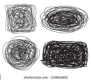 Set of chaos patterns. Intricate 
texture. Chaotic tangled stripes. Background with lines and waves. Art creation. Hand drawn dinamic scrawls. Black and white illustration