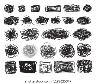 Set of chaos patterns on isolated white. Chaotic tangled stripes. Backgrounds with lines and waves. Art creation. Hand drawn dinamic scrawls. Black and white illustration