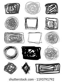 Set of chaos patterns on isolated white. Chaotic tangled stripes. Backgrounds with lines and waves. Art creation. Hand drawn dinamic scrawls. Black and white illustration