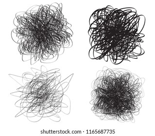Set of chaos patterns. Scribble sketch. Background with array of lines. Tangle on white. Intricate chaotic texture. Art creation. Black and white illustration. Print for polygraphy, posters and shirts