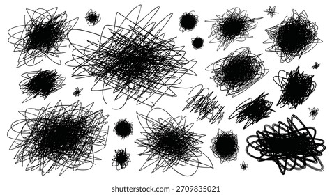 Conjunto de rabiscos pretos caóticos e linhas emaranhadas, criando texturas e formas abstratas do grunge em um fundo branco.