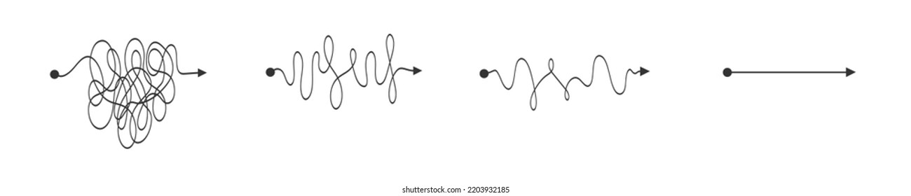 Satz chaotischer Linien in unberührtem Prozess. Komplexes Problemlösungskonzept. Von schwierig zu leicht. Das Gehirn arbeitet mit einer neuen Idee. Komplexitäts- und Einfachheitszeichen. Vektorgrafik-Illustration