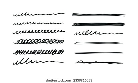 A set of chaotic scribble lines, swirls, waves, strikethroughs. Collection of line elements for design. Hand drawn vector illustration isolated on white background.